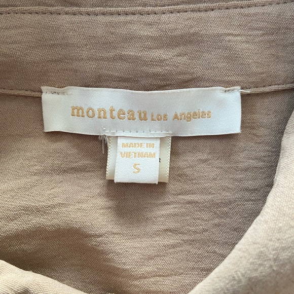 Monteau Crinkle Shirt Dress Tan Knee Length Roll Tab 3/4 Sleeves Size Small - Picture 3 of 14